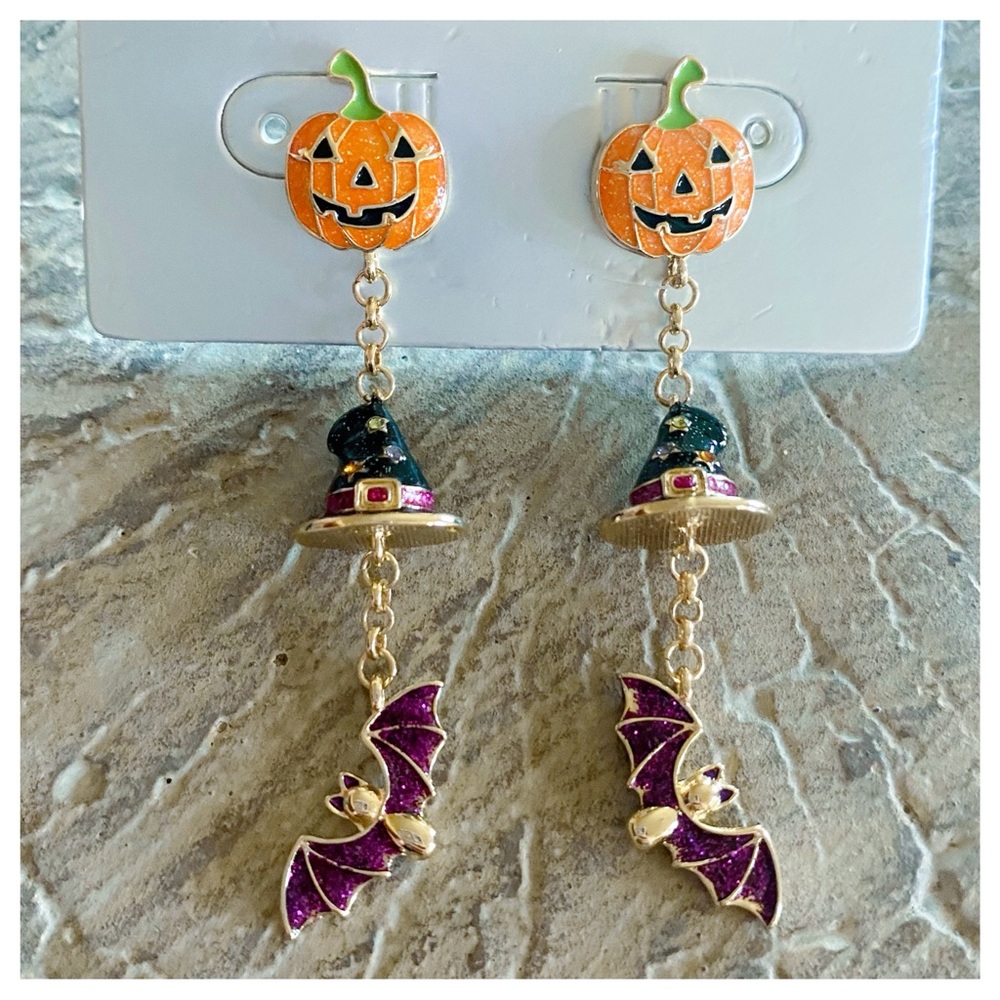 Sugarfix Baublebar Pumpkin Witch Hat Bat Creatures Drop Halloween Earrings NWT - Picture 2 of 10